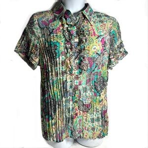 Y2K Ruffled Paisley Print Accordion Pleat Feminine Blouse Top Sz 1X Pink Green